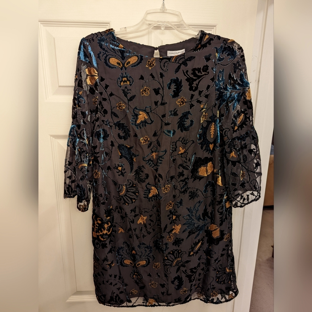 Carolina Belle Women's black Mini dress with gold and teal velvet accents size 4